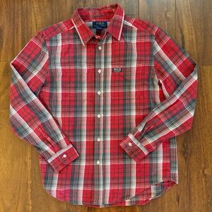Polo Ralph Lauren Boys Plaid Flannel Button Down Shirt Red Gray Cotton L 14-16